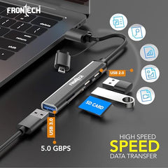 Frontech 8-in-1 Multi-Port Expansion Hub, Dual Input (USB-C & USB), High-Speed Data Transfer, Metal Matt Finish, Backed with 1 Year Warranty (NC-0058)