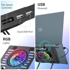 Zebronics NS5500 Rotatable Laptop Cooling Stand, Up to 17-Inch, 360° Rotation, Metal Body, USB Powered Cooling, LED Lights, 3 USB, 2 Type-C Ports, Multi-Angle, Foldable, 5kg Capacity,Anti Rust (Black)
