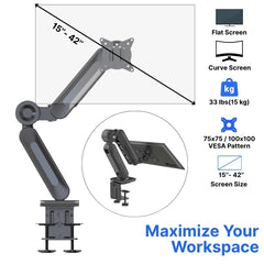 UNIQ MOUNTS™ Heavy Duty Premium 13''-42'' Gas Spring Assisted Single Arm Monitor Arm, Full Motion Desk Mount with 180° Swivel, 360° Rotation,+90°-85° Tilt VESA 75x75/100x100, 15kg Weight Load