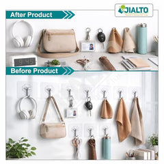 JIALTO Adhesive Hooks, Heavy Duty 5 kg Wall Hooks, Nail-Free Reusable Stainless Steel Sticky Hangers for Multipurpose Kitchen, Bathroom & Home (10 Pcs)