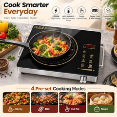 Infrared Cooktop with Crystal Glass & Touch Panel | 2200 Watt | 4 Pre set cooking Modes | Stir-fry | BBQ | Hot Pot | Steam | 60°C to 600°C | Digital time & Watt display