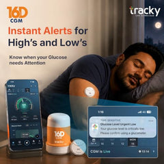 Tracky 16D CGM Continuous Glucose Monitor | 16 Days Wear | Real-Time Glucose Tracking | Smart High & Low Alerts | Factory Calibrated | App with AI Insights, Health & Fitness Integrations | Nightscout Integration