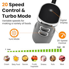 INALSA Hand Blender Mixer|1350W Copper Motor|Chopper,Coffee Beater/Frother,Whisker&Jar Attachment|Low Noise|20 Speed Control&Turbo Mode|BPA Free|Anti-Splash|2-Yr Warranty,Robot INOX 1350 Blend N Froth