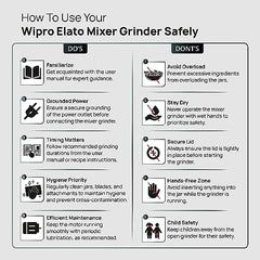 Wipro Elato FMG209 800 Watt Mixer Grinder with 4 Jars,Heavy Duty 100% Copper Ball Bearing Motor with 5 Year Warranty,Superfast Grinding,Clip Lids - Hands Free use, 4 Jars Mixer Grinder 800 Watt,Black