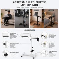 Isomars Multipurpose Laptop Table Study Desk, Lockable Wheels, & Height Adjustable for Breakfast Table, WFH & Online Classes Made in India (White)