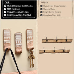 IndianShelf 6 Decorative Wood Adhesive Wall Hooks No Drill - Fork Art | Handmade, Renter Friendly, Waterproof, Reusable, Peel and Sticky Hooks for Keys, Towel, Bags, Light Coat, Jewelry, 10Lb Load