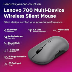 Lenovo 700 Multi-Device Wireless Silent Mouse, Bluetooth 5.3 or USB-A 2.4Ghz, Upto 5million Button clicks, 4000 DPI, Soft Touch Grip, Programmable Buttons, Dynamic Scroll Wheel, Seashell