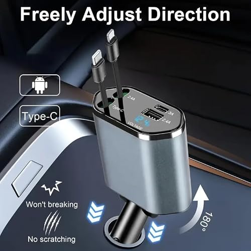120W Fast Car Charger (2026 New Version) with 120CM Retractable Type-C & 30-pin Port Cables – Simultaneous Charging for 4 Devices – Universal Car Mobile Charger for All Smartphones & Tablets (D4)