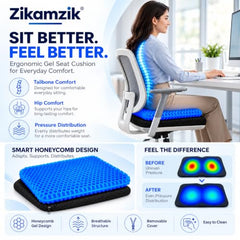 ZIKAMZIK Gel Cushion Orthopaedic Seat Cushion | Upgraded Breathable Gel Seat Cushion with Non-Slip Cover for Office Chair, Car, Wheelchair & Home | Comfortable Support for Long Sitting