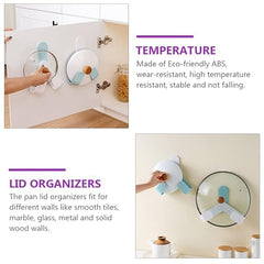 MOMISY Plastic Self Adhesive Pot Lid Holder No-Punch Wall-Mounted Rotatable Rack Hanging Pan Cover Organizer Kitchen Tools (Blue Hook)