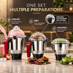 Indicon Rover 1350W Copper Motor Mixer Grinder with 4 Jars (3 Stainless Steel + 1 Juicer Jar), 3-Speed Control, Heavy Duty Grinding & Blending for Kitchen, Unbreakable ABS Body, Red