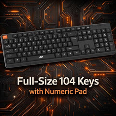 Ant Master 05 Wired USB Keyboard - Full-Size 104 Keys with Numeric Pad | Membrane Silent Typing, 1.3m Cable, Plug & Play | Ergonomic Office & Home Keyboard for PC, Laptop, Mac & Linux – Black