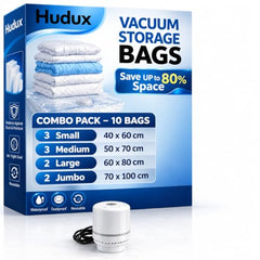Hudux 10 Pack Large (60×80 cm) Vacuum Compression Zipper Storage Bags With Electric Pump,Compression Storage Space Bags For Travel,For Clothes,Bedding,Pillows,Airtight Reusable Vacuum Bags