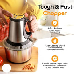 Zerastia Electric Chopper 2L Stainless Steel | Heavy Duty Meat Grinder, Vegetable Chopper & Food Processor | Multipurpose Mixer Grinder Machine for Kitchen
