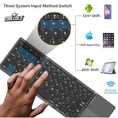 COOLCOLD Foldable Bluetooth Keyboard with Touch pad | Rechargeable - Tri-Folding Portable Wireless Key Board, Full Size Ultra Slim Pocket-Sized Foldable Keyboard for Tab Android Windows & Laptop