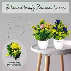 Asharya® Artificial Flower Plants for Home Décor – Set of 4 Mini Potted Plants (7 Inch) in White Pots | Pink, Yellow, Red & Blue Faux Flowers for Living Room, Office, Indoor Outdoor Decoration
