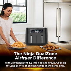Ninja Foodi Dual Zone Air Fryer AF300IN| 7.6L Dual Drawer Air Fryer| Max Crisp 240°C| 6 Cooking Functions – Air Fry, Roast, Bake, Reheat & Dehydrate| Variable Airflow 1200–2600 RPM|PTFE/PFOA/PFASFree