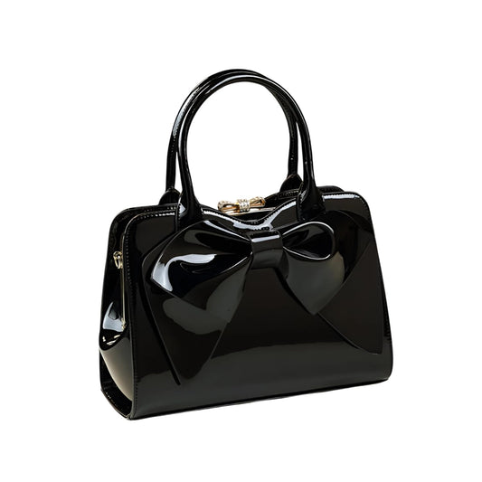 SYGA Women Elegant Glossy Bow Shell Handbag – Double Handle PU Tote for Daily Chic