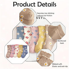 MOMISY 5 Pairs Baby Socks Floral Crew Socks Pattern, Soft & Breathable, Colorful Design 2–5 Years (Multicolor)