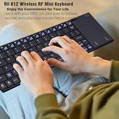 Rii K12 Ultra Slim 2.4GHz Portable Mini Wireless KODI Keyboard Large Size Touchpad Mouse, Stainless Steel Back Cover, Rechargeable Li-ion Battery, IPTV, Android TV, XBMC, Windows, Black
