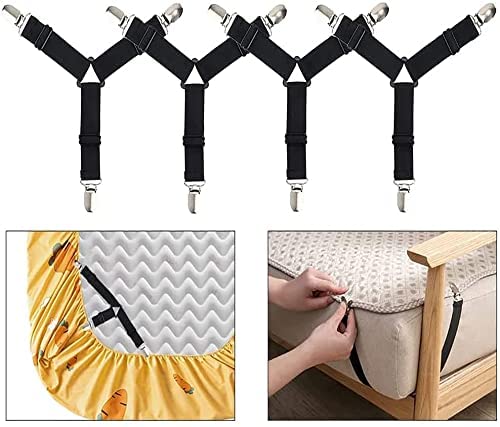 MOMISY Bed Sheet Holder Straps | Adjustable Fastener and 3 Way Mattress Cover Holder Fasteners | The Triangle Keeper with Heavy Duty Grippers Clips Black Triangle (4pc/Set) (Black)