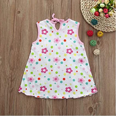 MOMISY Baby Girl Sleeveless Summer Frock A-Line Flower and Dot Design- White with Pink Border, 09 Months to 18 Months, Pack of 1