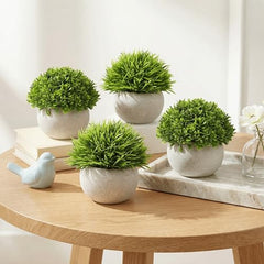 Dekorly® 4 Packs Artificial Potted Plants Bathroom Fake Shelf Plant Office Table Decor Mini Green Faux Topiary Kitchen Cabinet Farmhouse Decorations (4 Plastic Pots)