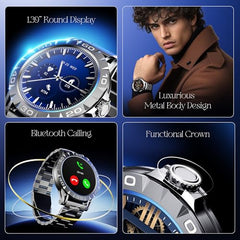 boAt Enigma Radiant Luxury Watch for Man w/1.43"(3.63 cm) AMOLED Display, AOD, Premium Metal Build, Round Dial, 200+Watch Faces, Upto 7 Days Battery Life, Fitness smartwatch for Men (Metal Black)