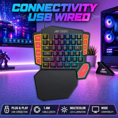 Ant Esports MK1005 One Hand Gaming Keyboard - 45 RGB Backlit Keys, 3 Macro Keys (G1-G3) + REC Key, WASD/Arrow Key Swap, Ergonomic Wrist Rest, USB Type-C OTG Adapter for PC, Laptop & Mobile Gaming