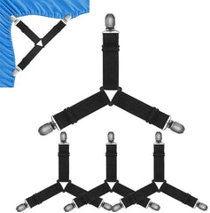 MOMISY Bed Sheet Holder Straps | Adjustable Fastener and 3 Way Mattress Cover Holder Fasteners | The Triangle Keeper with Heavy Duty Grippers Clips Black Triangle (4pc/Set) (Black)