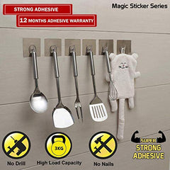 HOKIPO Magic Sticker Wall Hooks for Hanging, No Drill, Pack of 6, Silver | Plastic, self adhesive - no drilling or screws. Holds up to 3 kg per hook. 12 month adhesive warranty. Smooth surfaces only.