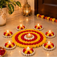 Webelkart Premium Pack of 9 Diwali Decoration Flower Rangoli Diwali Decorative Rangoli with Diya Set, Tea Light Candle Holder Floor Rangoli Festival Decor Home,Deepawali Center 10" and Samll 4" in