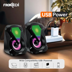 FRONTECH 2.0 USB Powered Multimedia Speakers with RGB Lights | 2 x 3W Drivers (5.2 cm) | AUX Connectivity | for Laptop, PC, Mobile | 1 Year Warranty (SW-0076, Black)