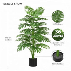 GARDEN GYANI Artificial Areca Palm Plant with Black Pot – 145 cm Tall Faux Tropical Decorative Plant with 35 Leaves for Home, Office & Living Room Décor