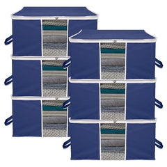 Kuber Industries Non-Woven Underbed Storage Bag|Clothes Storage Organizer|Blanket Cover With Clear Window|Zipper Closure&Handle Cloth Organizer|Plain White Border|Large|Pack Of 6|Royal Blue,32Cm,48Cm