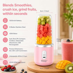 Juicer for Home ^ Lacossi Juicer Mixer Grinder with 1500mAh Battery, 6 Blades 3Gears Fast Blending, 2-Jar Capacity (400ml*2) | 40 Watts Bullet Rechargeable Portable Personal Juicer