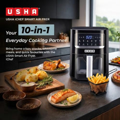 USHA Ichef Smart Air Fryer 4.5L,10 In 1 Functions10 Preset Menu|Digital Display&Touch Panel|Transparent Window|Illuminated Chamber|Turbo Air Circulation|Oil Free Cooking|Auto Pause/Start(Black),1350W