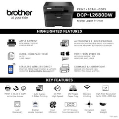 Brother DCP-L2680DW (New Launch) Auto Duplex Laser Printer, 34 PPM, Print Scan Copy, LCD Display, 256 MB Memory, (WiFi WiFi Direct LAN USB), 250 Sheet Tray, 3000 Pages Inbox Toner, Free Installation