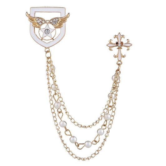 SYGA Men's & women Suit Shirt Stud Lapel Pin Chain Tassel Brooch Pin with Crystal Chain(Golden white)