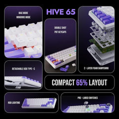Kreo Hive 65 Wired Mechanical Gaming Keyboard | 65% Layout | Gasket Mount | Metal Volume Knob | Pre-Lubed Linear Switches | RGB Backlit | Type-C | Mac & Windows Mode