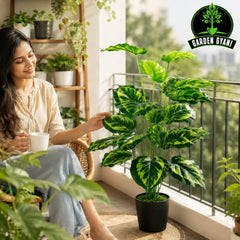 GARDEN GYANI Artificial Areca Palm Plant with Black Pot – 145 cm Tall Faux Tropical Decorative Plant with 35 Leaves for Home, Office & Living Room Décor