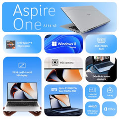 Acer Smartchoice Aspire One, AMD Ryzen 5-40,Office 2024 + M365 Basic, 8GB LPDDR5 RAM/ 512GB SSD, 14.0"/35.56cm WXGA Display, Win 11 Home, Pure Silver, 1.48KG, A114-43, Thin and Light Laptop