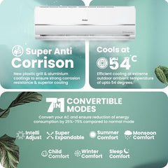 Haier 1 Ton 3 Star Twin Inverter Split AC (Copper, 7 in 1 Convertible, Frost Self Clean, HD Filter, Cools at 54Â°C, Long Air Throw - HSU11V-TMS3BN-INV,White)
