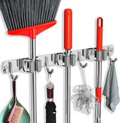 Dargoba Broom Holder Wall Mounted, Mop Holder for Wall, Broom Stick Holder Mounted Stand, Storage Broomstick Brush Mount Organizer with Hanger Hooks (5 Slot 6 Hooks)- Grey, Polypropylene