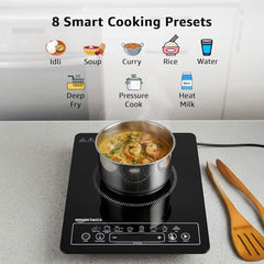 Amazon Basics 1600W Induction Cooktop | 7 Pre-Set Cooking Menus | LED Display | Smart Push Buttons I Energy Efficient, Auto Cut-off, 20A IGBT & 4KV Surge Protection I Black