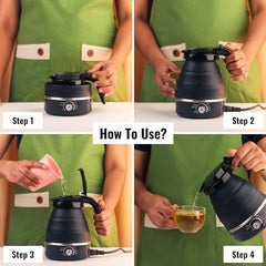 InstaCuppa Foldable Silicone Electric Kettle for Travel, Home & Office, 600 ML, 600 Watts, Fast Boiling, Food Grade Silicone, Collapsible, Portable, Dry Boil Protection, Black