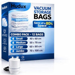 Hudux Pack Of 12 XL (80×120 cm) Vacuum Compression Zipper Storage Bags With Electric Pump, Space Saver Storage Bags For Travel,For Clothes,Bedding,Pillows,Airtight Reusable Vacuum Bags