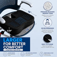 Grin Health Orthopedic Coccyx Seat Cushion | Memory Foam Ergonomic Seat for Tailbone Coccyx Support, Hip, Tailbone, Sciatica & Backpain Relief for Office Chair, Car Seat, Upto 100kg (Black)