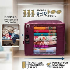 VR ATULIT BY CHOOSY 12 Flap Saree Bag | Clothes Storage Bag for Sarees, Blankets | Large Storage Bag for Clothes with Transparent Zip Covers | Foldable Quilted Bag Organizer with Handle for Wardrobe