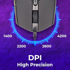 ZEBRONICS WAR M, Wired Gaming Mouse with 6 Buttons, High Precision Sensor, up to 4200 DPI, Gold Plated USB Interface, Breathing LED, 1.8m Braided Cable